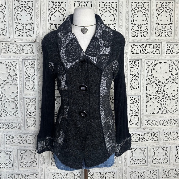 Papa Vancouver Black Lace Mohair Wool Blend Whimsygoth Grunge Collared Cardigan - Picture 1 of 8